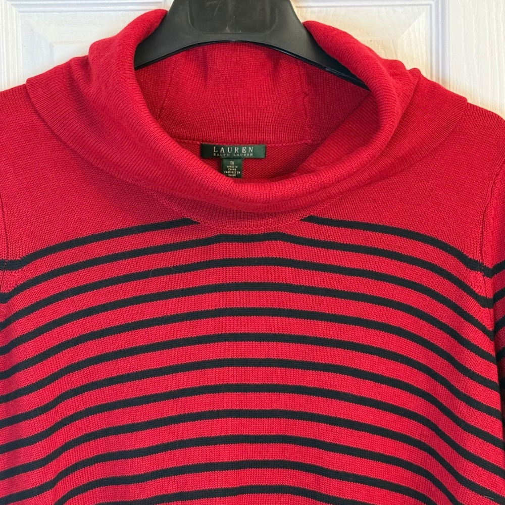 Lauren Ralph Lauren Cowl Neck Wool Blend Sweater Striped Red Navy 1X Plus